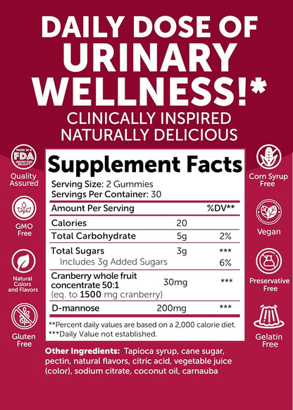 Lunakai Cranberry Gummies for Women 1500mg (50:1 Extract) with D-Mannose 200mg - Daily Cranberry Supplement for Urinary Tract Health & Bladder Support, Non-GMO – Made in Australia – 60ct