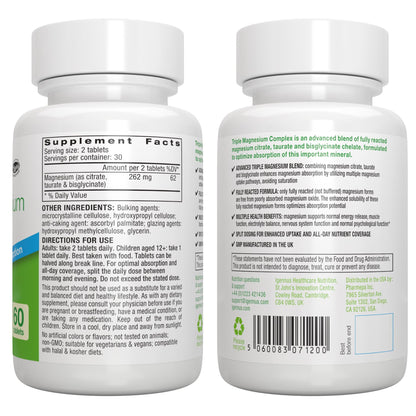 Igennus Superior Triple Magnesium Complex, Fully Reacted & Chelated Glycinate, Taurate & Citrate, Clean Label, High Bioavailability & Absorption, 60 Tablets, Vegan, Non-Buffered