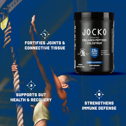 Jocko Fuel Collagen Powder with Colostrum – 15g Hydrolyzed Collagen + 2g First-Milking Colostrum – Dual Action for Gut Health, Joint Support, and Immune Defense – Recovery Supplement (30 Servings)