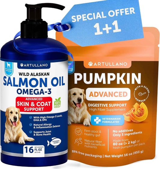 Pumpkin Powder for Dogs + Salmon Oil Bundle - Fiber Supplement for Digestion, Gut Balance & Firm Stool - Omega 3 with EPA & DHA for Skin, Coat, Joint & Allergy Support