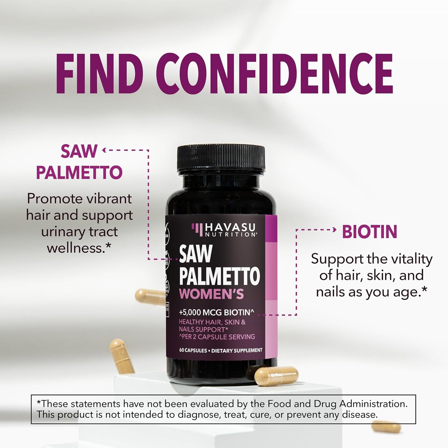 Saw Palmetto for Women with Bitoin 5000mcg Per Serving, 30-Day Supply | Vegan, Non-GMO DHT Blocker for Women for Hair, Skin and Nails, Saw Palmetto Extract with Biotin for Thicker Looking Hair