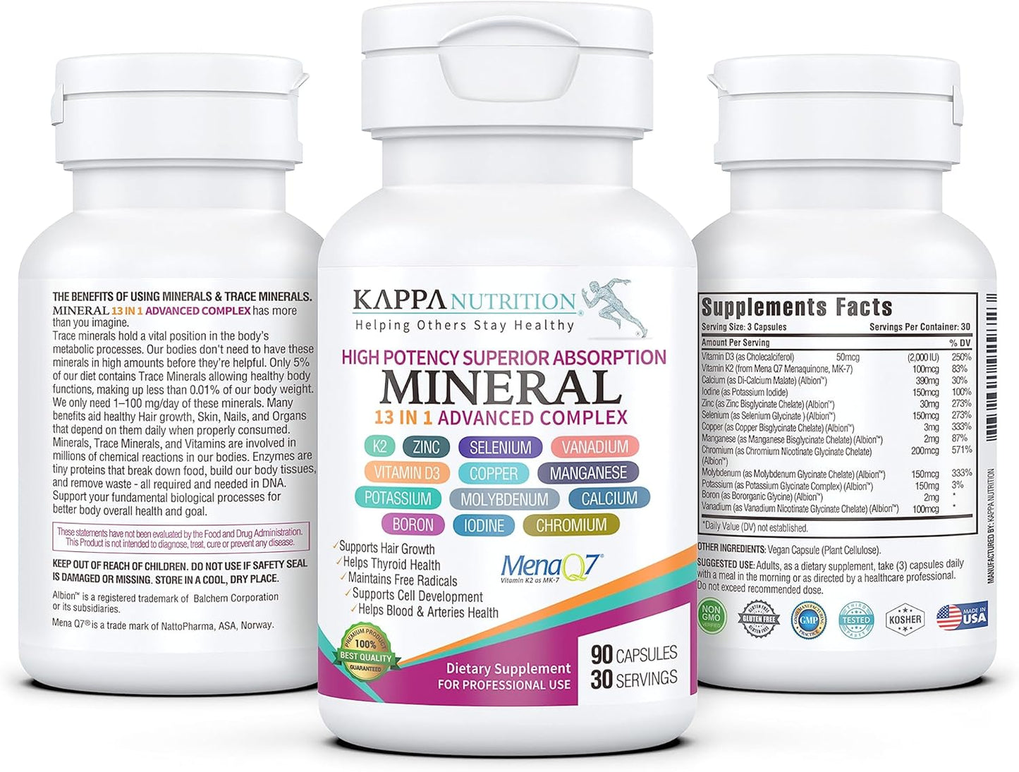KAPPA NUTRITION Mineral 13 in 1 Advanced Complex with Albion® Chelated Minerals & MenaQ7® MK-7 Vitamin K2 | Calcium, Zinc, Selenium, Chromium, Iodine & Trace Minerals | 90 Vegan Capsules