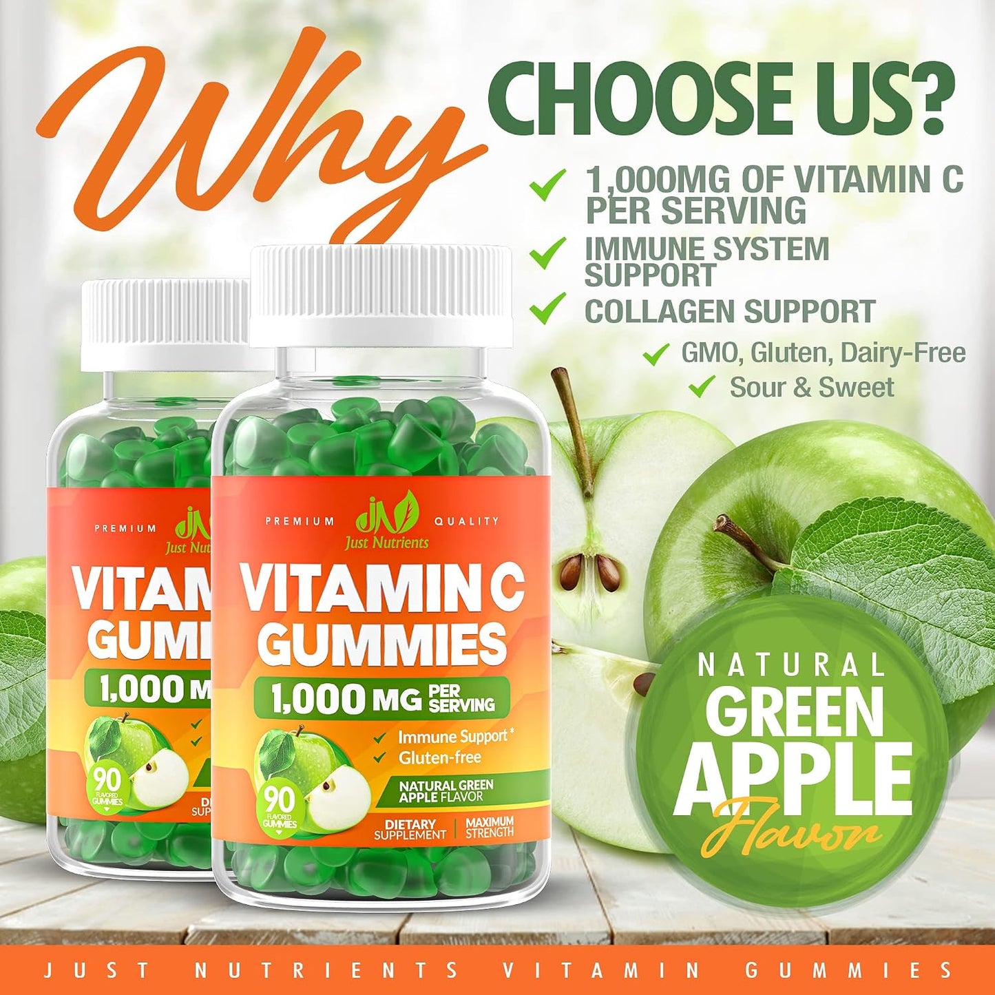 Vitamin C 1000mg Gummies for Adults & Kids, Maximum Strength (90 Count) | Chewable Immune & Collagen Support - Natural Green Apple Flavor - Gluten Free, Vegetarian, Non-GMO