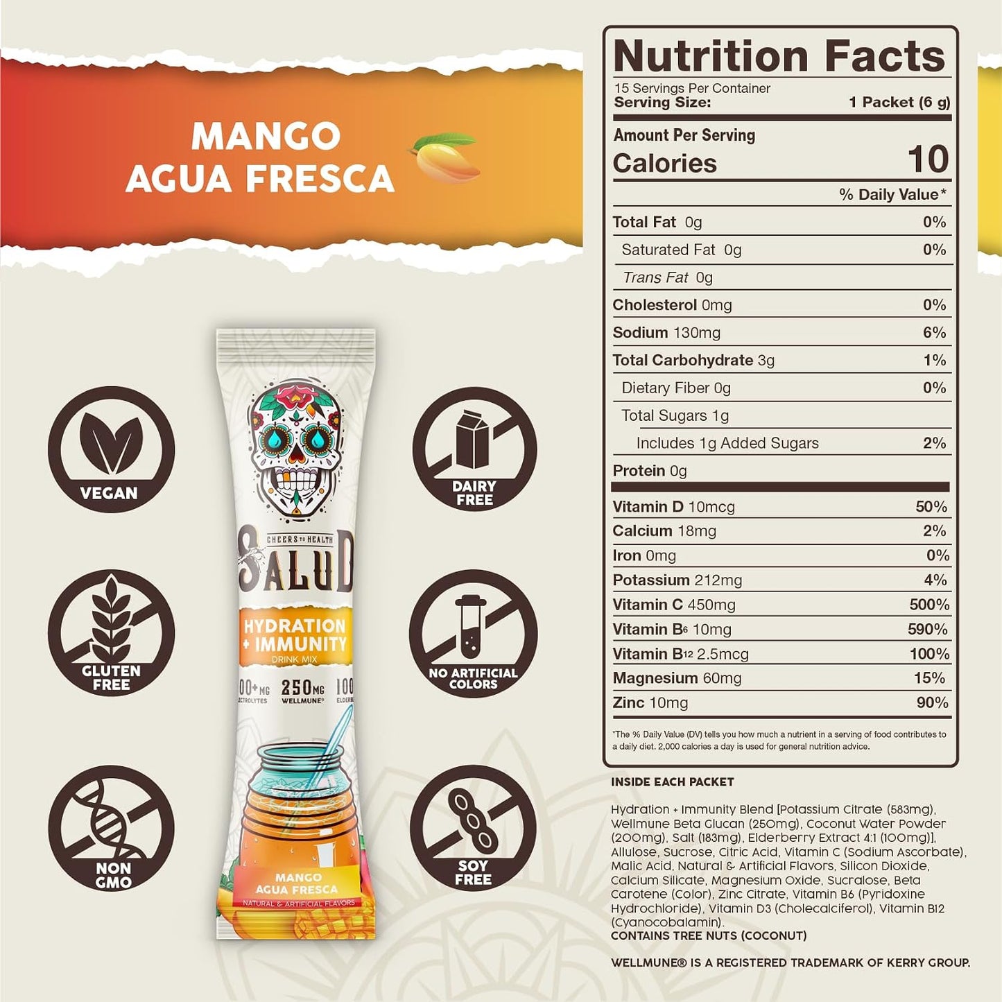 Salud 2-Pack | 2-in-1 Hydration + Immunity (Lemonade) & Hydration + Immunity (Mango) – 15 Servings Each, Agua Fresca Drink Mix, Non-GMO, Gluten Free, Vegan, Low Calorie, 1g of Sugar