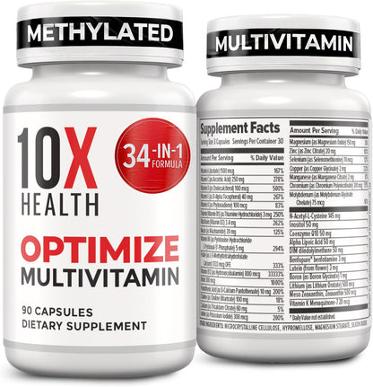 10X Health Methylated Multivitamin - 90 Capsules | Mthfr Supplement: 34-in-1 Formula, 800mcg B12, 5-MTHF & NAC, Methyl B Complex, Non-GMO