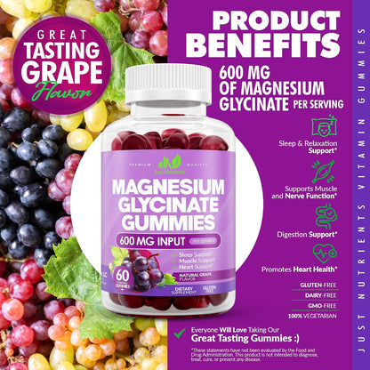 Magnesium Glycinate 600mg Gummies | Support for Sleep, Nerves, Immunity, Heart, Bones & Digestion - Natural Grape Flavor - 60 count