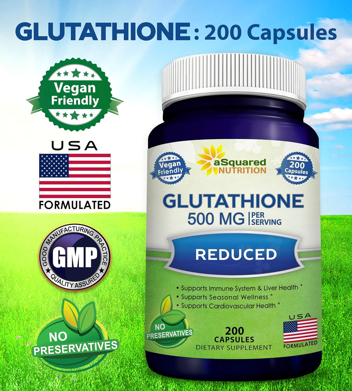 aSquared Nutrition Reduced Glutathione 500mg Per Serving Supplement -200 Capsules -L-Glutathione Antioxidant to Support Liver Health & Detox - Max Strength Powder Pills to Help Immune & Brain Function