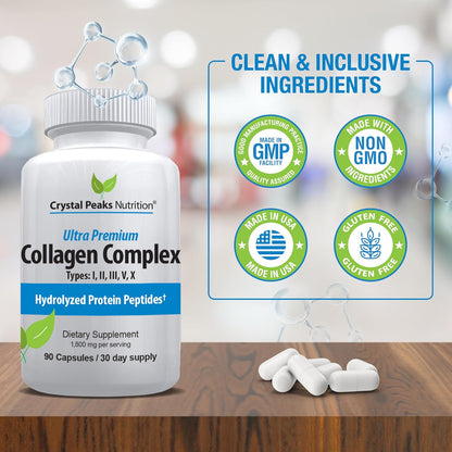 Collagen Peptide Pill - Types I, II, III, V, X - Anti-Aging - Premium Collagen Supplements & Collagen Pills - Hydrolyzed Protein Pills for Women & Men 1800 mg for Youthful Skin