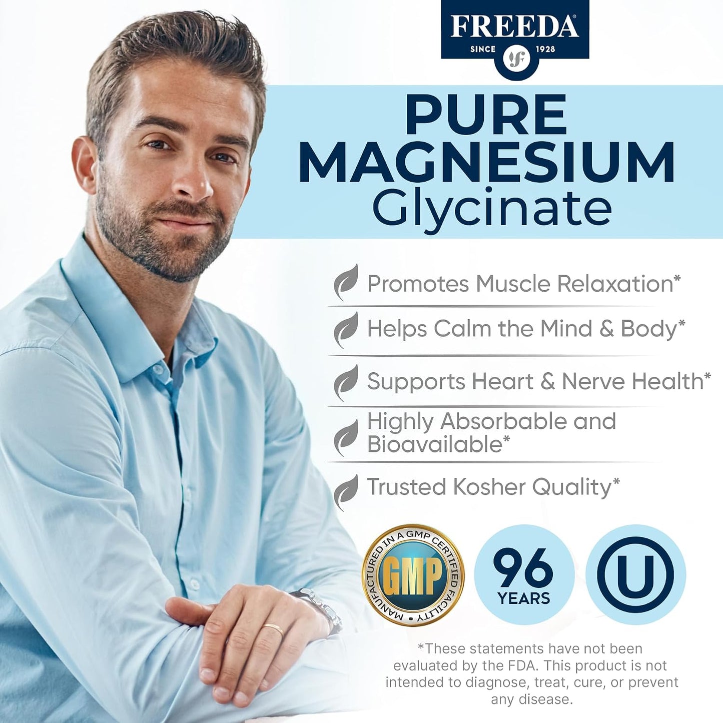 Freeda Magnesium Glycinate - High Absorption Chelated Magnesium - 90 Caps | Supports Sleep, Muscle & Nerve Function - Non-GMO, Vegan, Kosher - Gentle On Digestion - No Magnesium Oxide