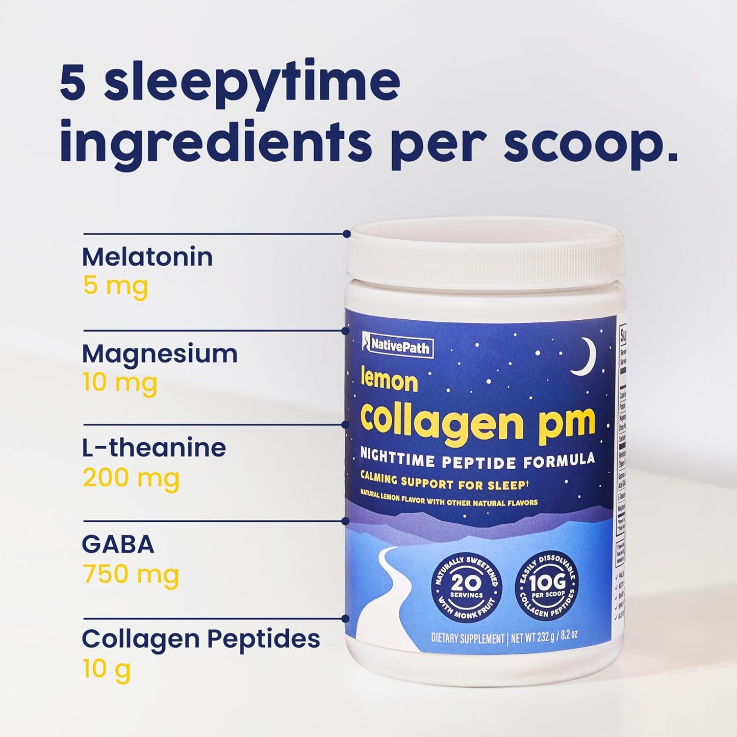 NativePath Collagen PM Lemon with Melatonin, 20 Servings | 10g Grass-Fed Peptides, Magnesium, GABA & L-Theanine, Supports Restful Sleep, Skin & Hair, No Added Sugar