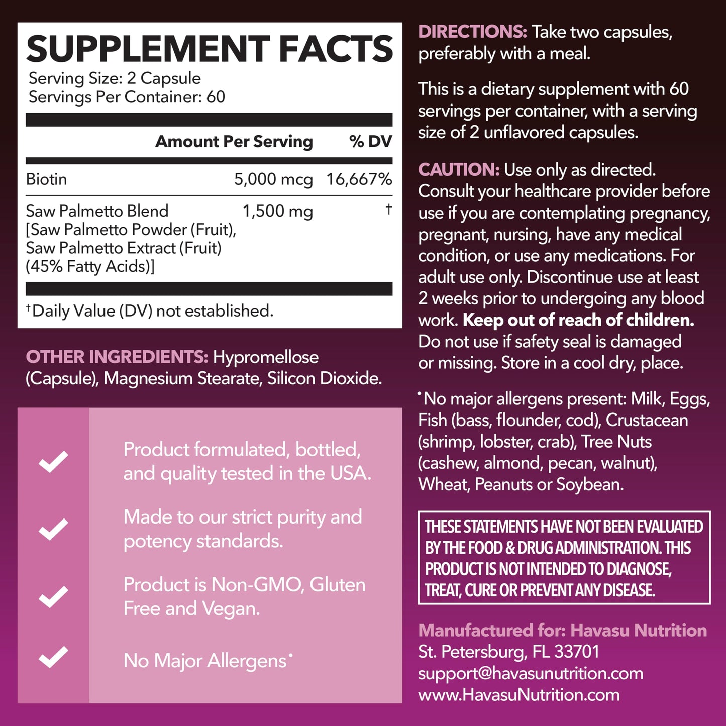 Saw Palmetto for Women with Bitoin 5000mcg Per Serving, 30-Day Supply | Vegan, Non-GMO DHT Blocker for Women for Hair, Skin and Nails, Saw Palmetto Extract with Biotin for Thicker Looking Hair