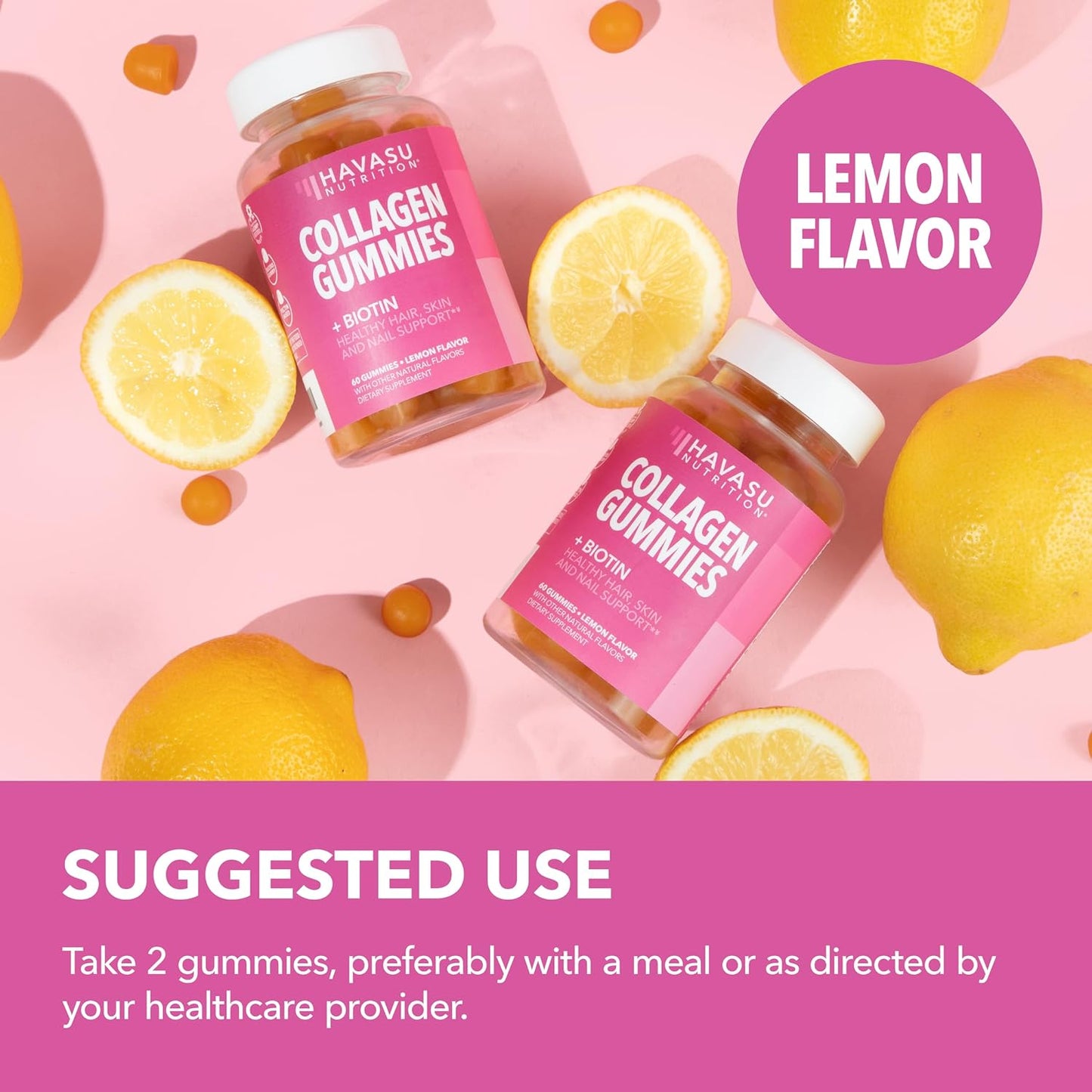 Collagen Gummies With 2500 mcg Biotin, Hair Skin & Nail Support, Lemon | For Women & Men with Biotin, Zinc, Vitamin C & E, Hydrolyzed Collagen, Lemon Flavor, 30 Servings, Hair, Skin & Nail Support