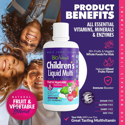 Children's Liquid Multivitamin & Immune Booster - Natural Supplement for Kids & Toddlers with Vitamins A B C D3 E, Fiber, Fruits & Vegetables - No Gluten, Sugar, Dairy, Soy - 30 oz
