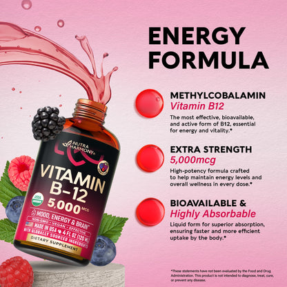 USDA Organic Vitamin B12 Sublingual Drops - 5000 mcg Liquid Vegan Methylcobalamin for Women & Men - Energy Boost, Focus & Mood, Brain Health Support - Maximize Absorption - 2 Month Supply, 2 fl oz