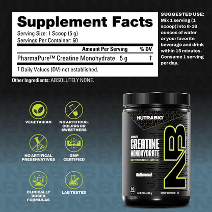 NutraBio Pure Micronized Creatine Monohydrate Powder Supplement, Unflavored, (300 g) - Supports Bulk Muscle Energy, Recovery, and Strength - HPLC Tested Creatine Powder Supplement for Men and Women