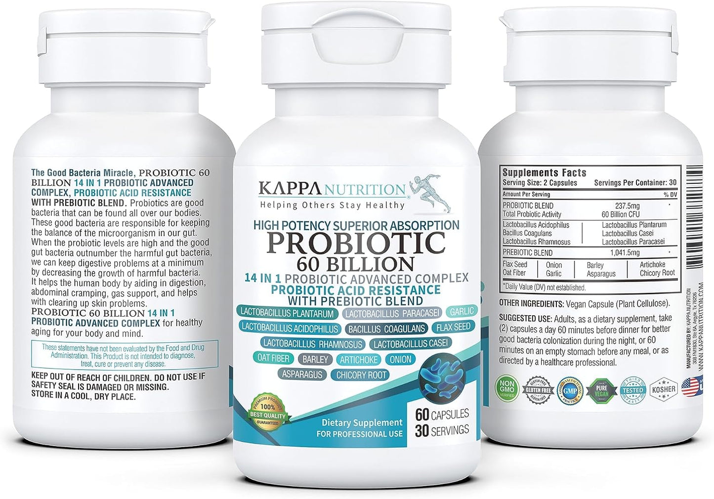 KAPPA NUTRITION Probiotic 60 Billion CFU 14 in 1 Formula with Prebiotics & Acidophilus for Women, Men & Adults, Shelf Stable, Acid Resistant, Natural Supplement 60 Capsules.