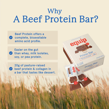 Equip Foods High Protein Prime Bars – Grass Fed Beef Protein, Collagen & Tallow – Gut Friendly, Gluten Free 20g Protein Bars - Only Real-Food Ingredients - Peanut Butter Chocolate, 12 Count