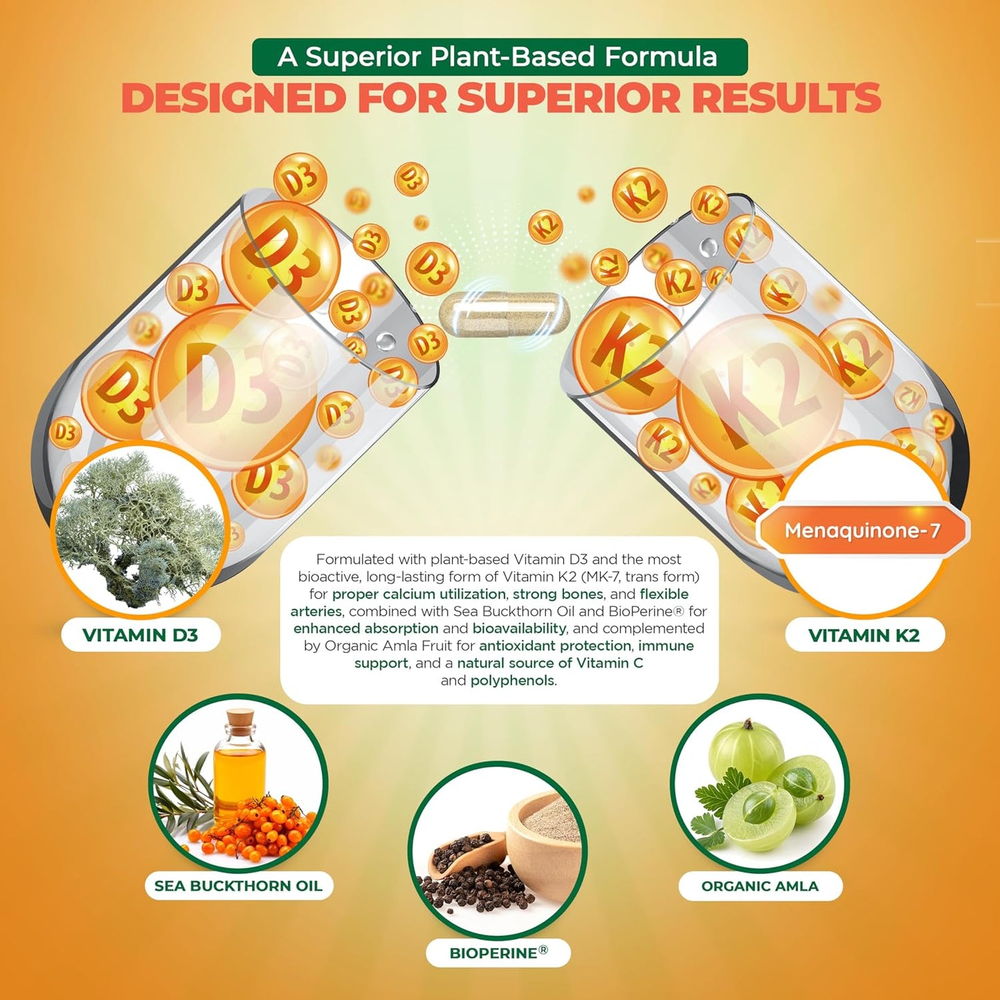 MoxyVites Vitamin D3 K2 5000 IU – High Absorption D3 + K2 MK-7 with Sea Buckthorn Oil & Omega-7 – Bone, Heart & Immune Support for Women & Men – 60 Vegan Capsules