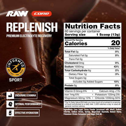 RAW Replenish, Premium Electrolytes Powder Recovery Formula, Lemon Lime (60 Servings) - Flavored Electrolyte Drink Mix Supplement for Hydration, Replenishment, Endurance & Performance Workouts