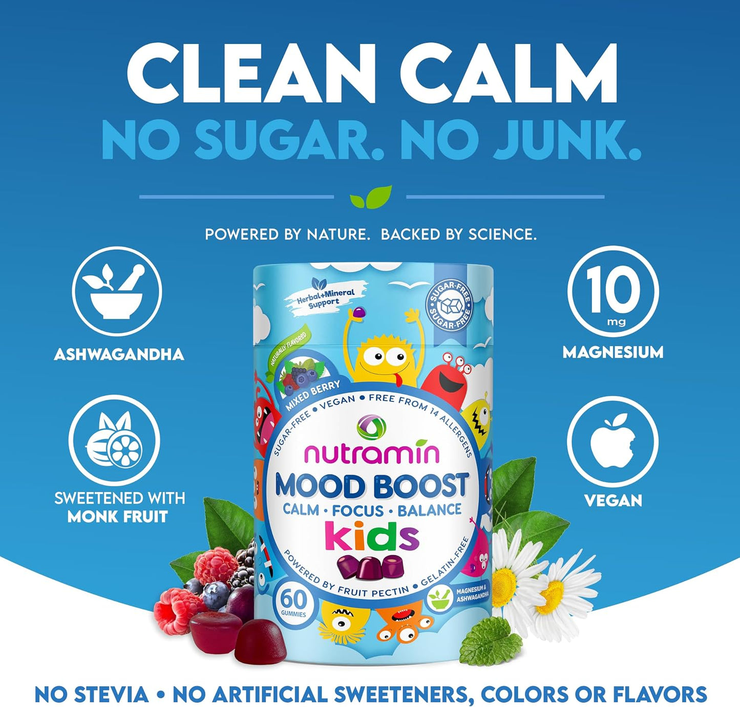 Nutracelle NUTRAMIN Kids Mood Boost Vegan Vitamin Gummy: Magnesium Citrate Supplement for Children with Ashwagandha & Vitamin B Complex to Relax & Focus - Sugar-Free, Wild Berry - 60ct (60 Count)
