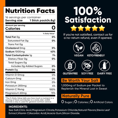 Venture Pal High Sodium Sugar-Free Electrolytes Powder Packets, 16 Sticks | Hydration Packets with Sodium, Potassium & Magnesium, Zero Calories, Keto, Vegan, and Paleo Friendly