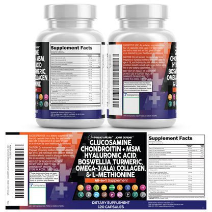 Clean Nutraceuticals Glucosamine 1500mg Chondroitin 1200mg MSM with Turmeric Curcumin, Collagen, Hyaluronic Acid, Omega 3 – Joint Health Supplement for Men & Women – Joint Complex – 120 Count