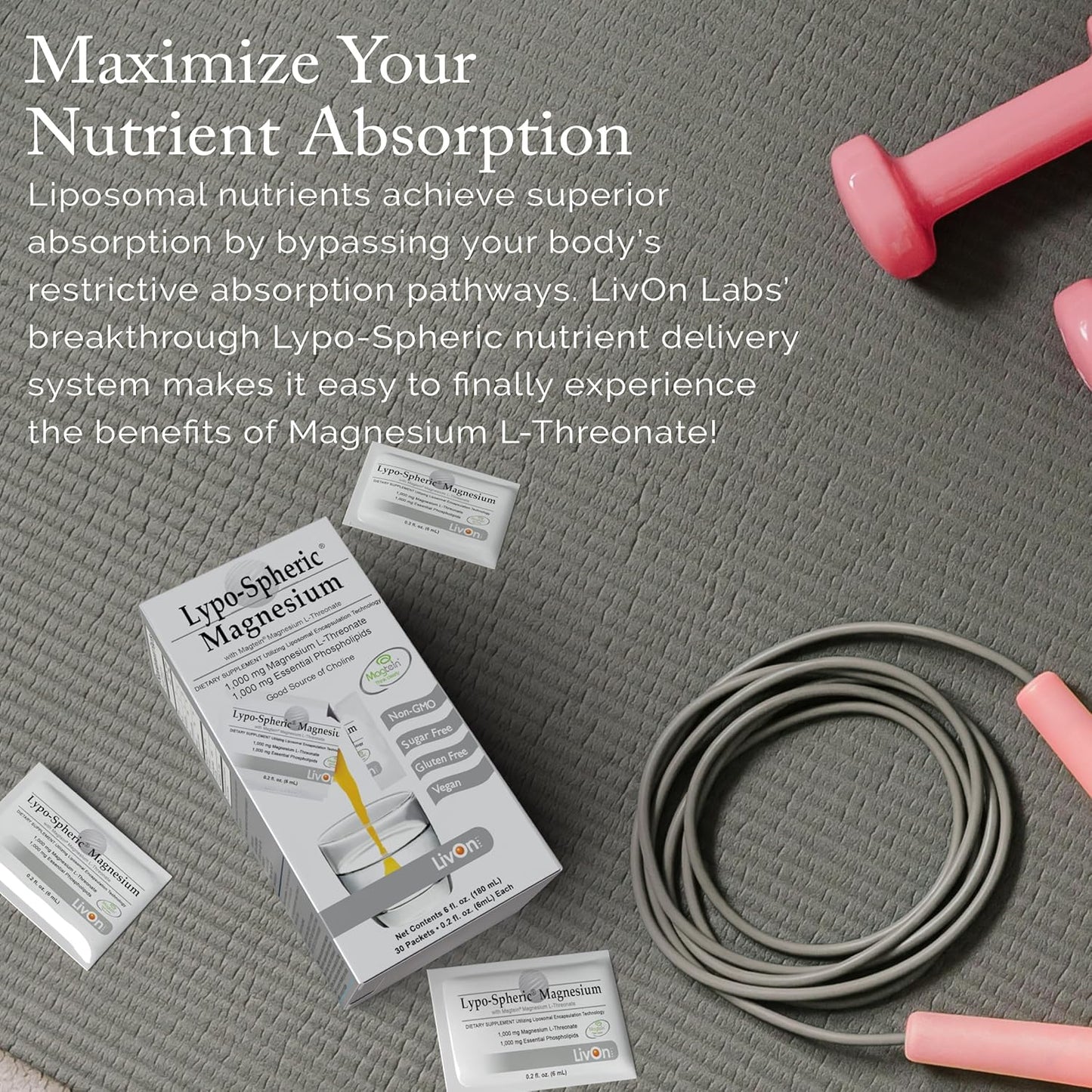 Lypo–Spheric Magnesium L–Threonate – 30 Packets – 1,000 mg Magnesium Per Packet – Liposome Encapsulated for Improved Absorption – Professionally Formulated & 100% Non–GMO