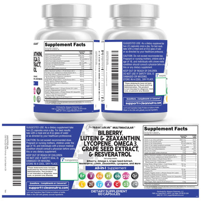 Clean Nutra Eye Vitamins with Bilberry Lutein and Zeaxanthin Supplements Lycopene 40mg Resveratrol Grape Seed Astaxanthin for Eyes - Eye Care Health Support Eye Vitamin and Mineral Supplement