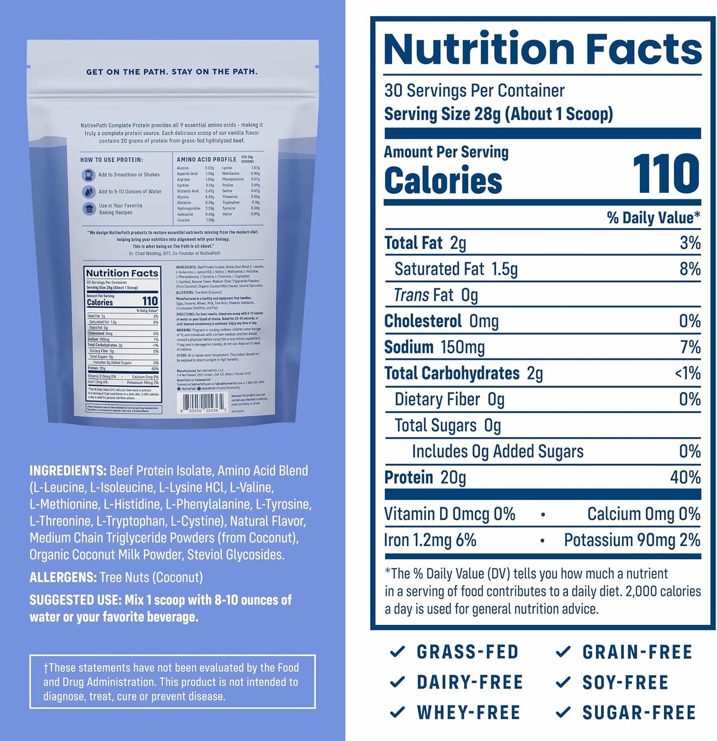 NativePath Complete Protein, 20g Grass-Fed Beef, Vanilla, 30 Servings | Dairy-Free, Whey-Free Isolate, Essential Aminos Plus MCTs, Lactose-Free & Easy To Digest, Keto, No Sugar
