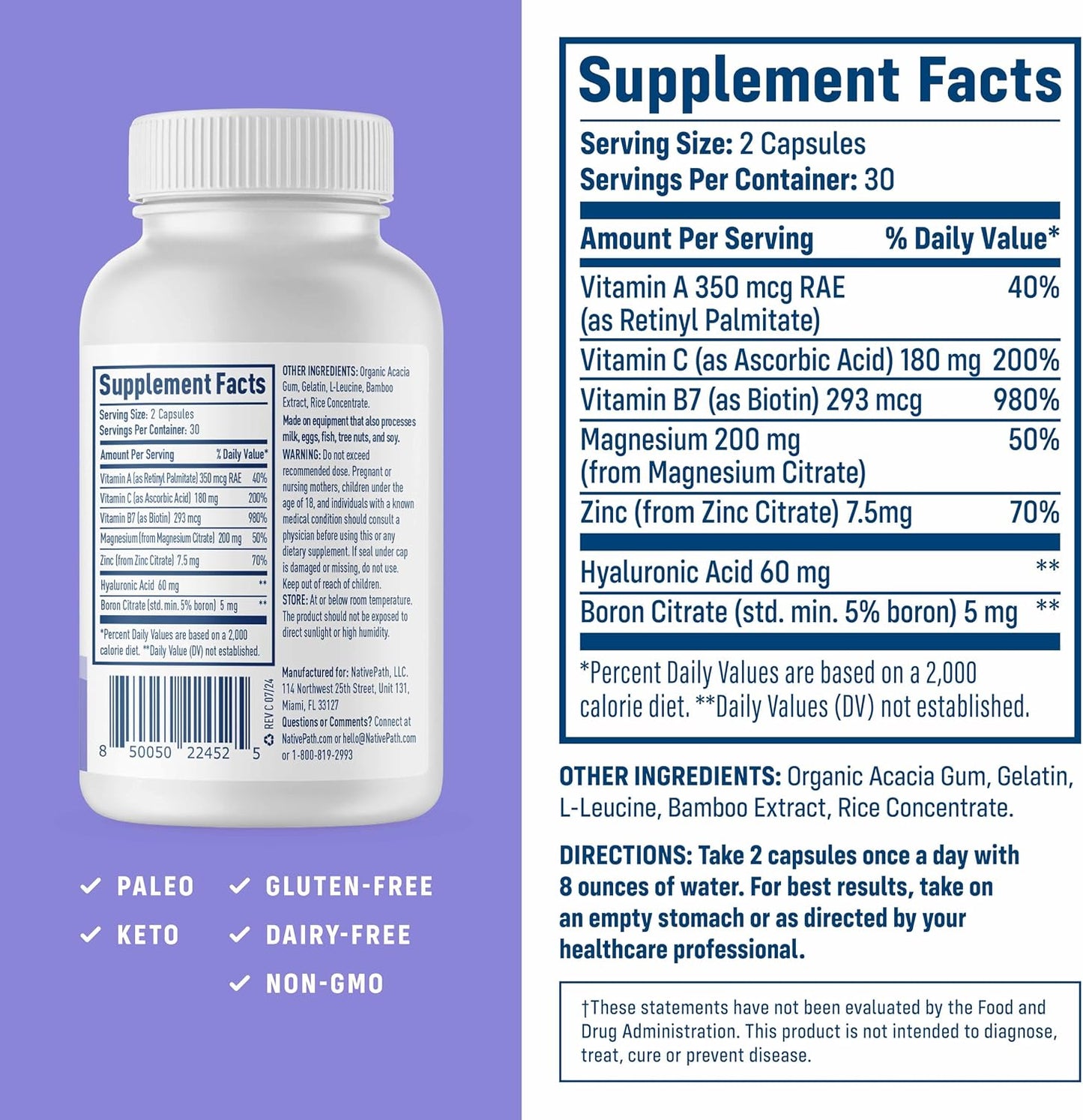 NativePath Collagen Care+, 5 Vitamin Blend with Hyaluronic Acid and Boron that Supports Collagen for Men and Women, 60 Capsules | Vitamins A, C, Zinc & Boron, Supports Skin, Hair, Nails & Your Body's Own Production, Beauty, Women