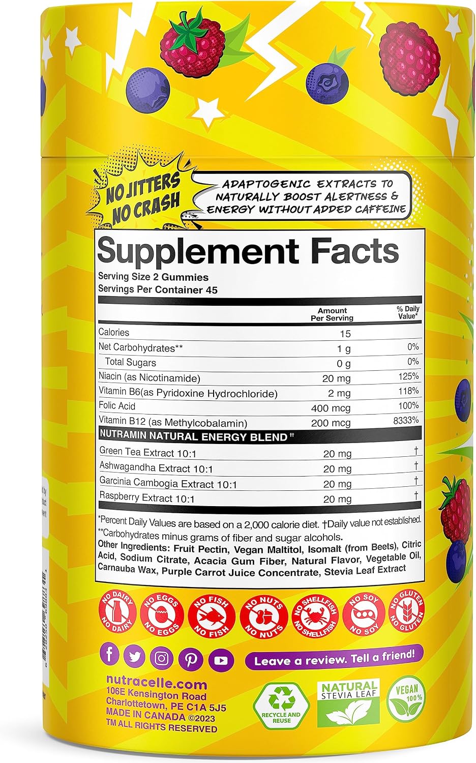 NUTRAMIN Energy Boost Vitamin Gummy - Skip The Coffee & Boost Your Energy, Caffeine-Free, Sugar-Free, Vegan, B12, Green Tea, Ashwagandha, Garcinia Cambogia, Raspberry Adaptogen - 90 ct