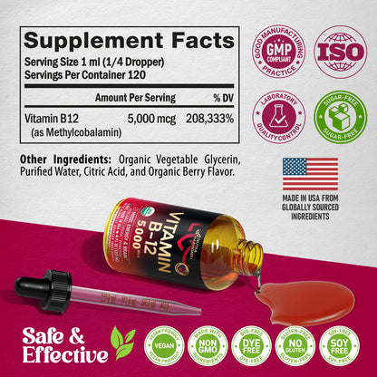 USDA Organic Vitamin B12 Sublingual Drops - 5000 mcg Liquid Vegan Methylcobalamin for Women & Men - Energy Boost, Focus & Mood, Brain Health Support - Maximize Absorption - 2 Month Supply, 2 fl oz