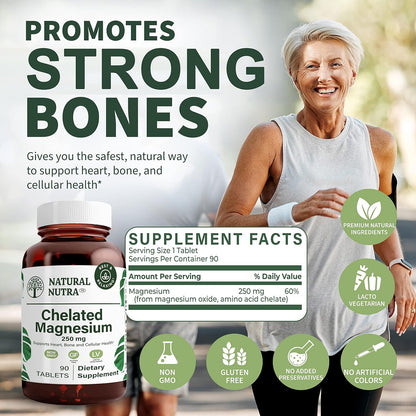 Natural Nutra Chelated Magnesium Oxide 250mg- High Absorption for Strong Bones, Heart Health, Improves Dental Health, Energy Boost, Gluten-Free, Non-GMO, 90Tablets in BPA-Free Recyclable Glass Bottles