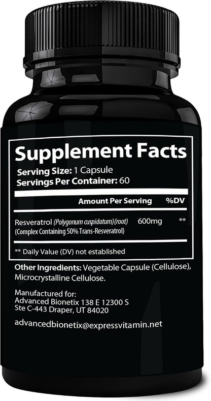 Advanced Bionetix 2X Potency Micronized Trans Resveratrol Supplement. 1200mg per 2 Capsules. High Absorption Antioxidant Formula. Promotes Anti Aging, Cognitive Support & Heart Health - PrimeBioHealth - canada supplements