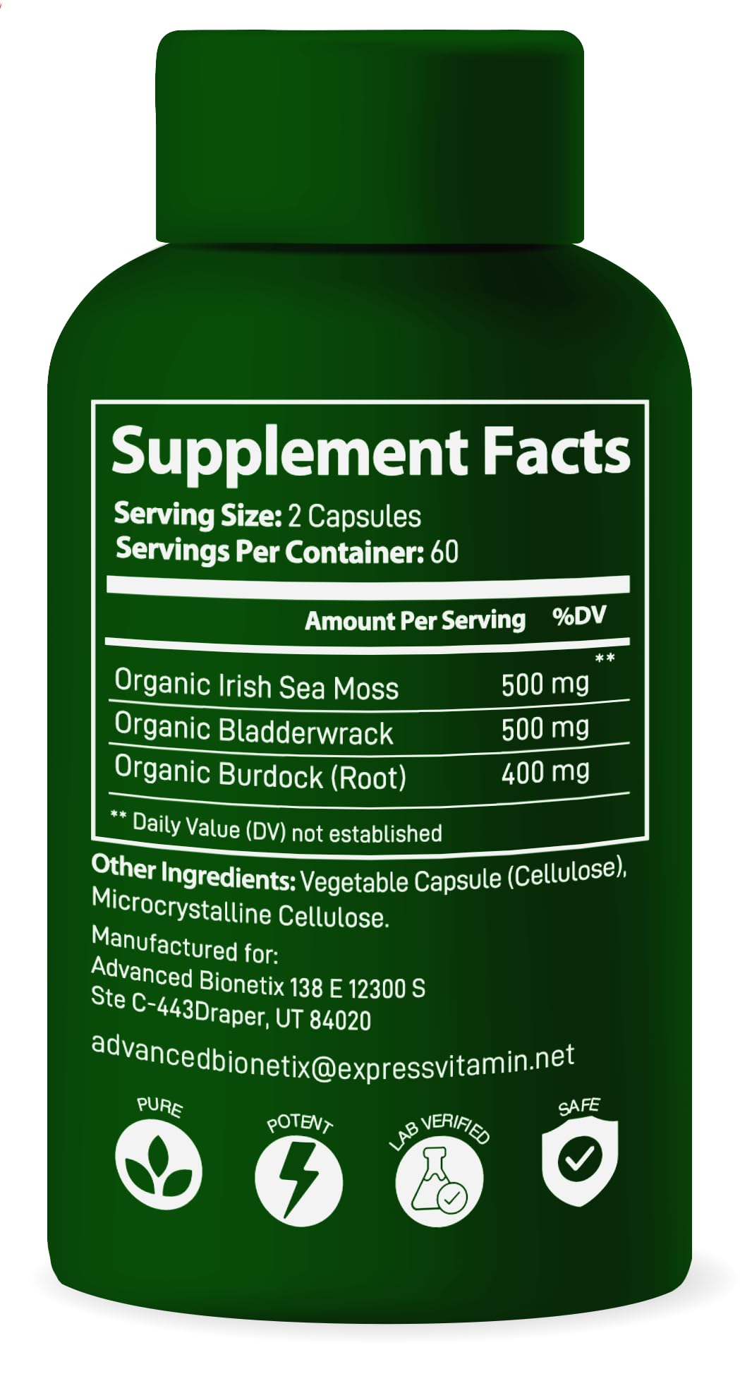 Advanced Bionetix Organic Irish Sea Moss Capsules, Raw Wildcrafted Seamoss Enhanced w/Bladderwrack & Burdock Root Capsules 120 Total Pills Antioxidant Packed. Prebiotic Superfood, Thyroid Support - PrimeBioHealth - canada supplements