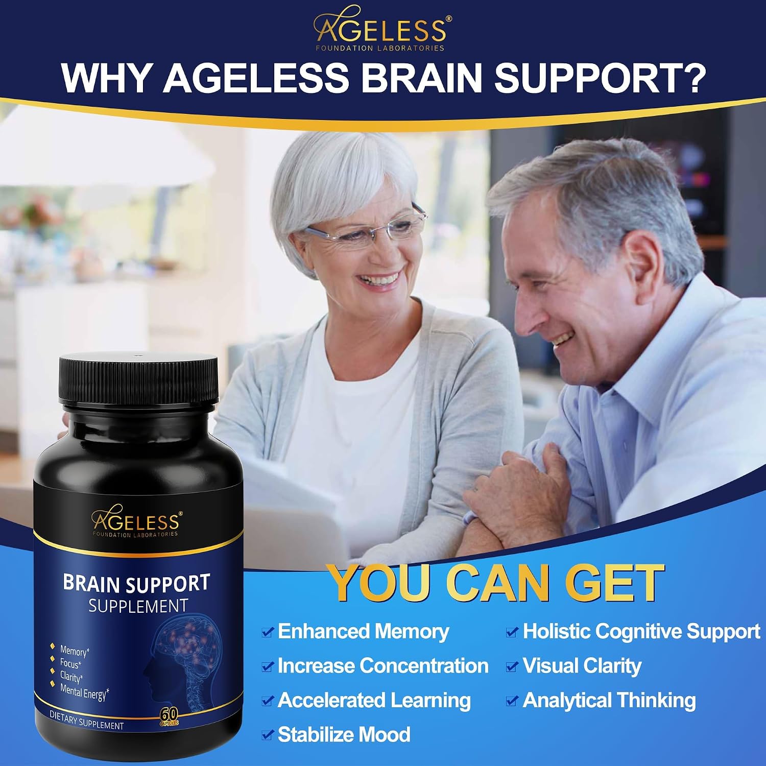 Ageless Brain Supplement for Memory and Focus, 60 Capsules | Mental Clarity & Cognitive Support Formula with Vitamins B6 & B12 | Supports Brain Health, Alertness & Daily Performance - PrimeBioHealth - canada supplements