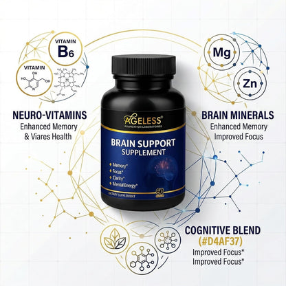 Ageless Brain Supplement for Memory and Focus, 60 Capsules | Mental Clarity & Cognitive Support Formula with Vitamins B6 & B12 | Supports Brain Health, Alertness & Daily Performance - PrimeBioHealth - canada supplements