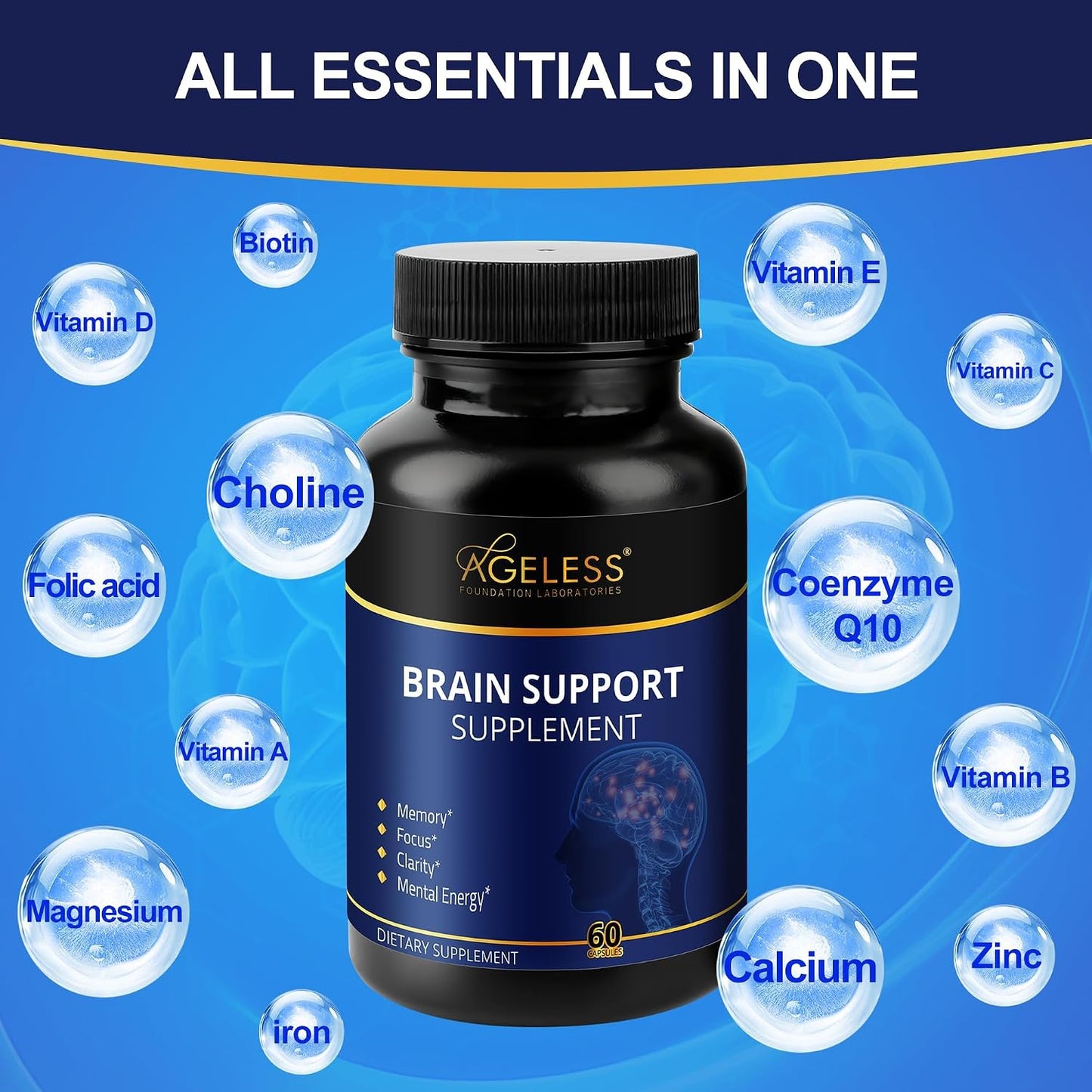 Ageless Brain Supplement for Memory and Focus, 60 Capsules | Mental Clarity & Cognitive Support Formula with Vitamins B6 & B12 | Supports Brain Health, Alertness & Daily Performance - PrimeBioHealth - canada supplements