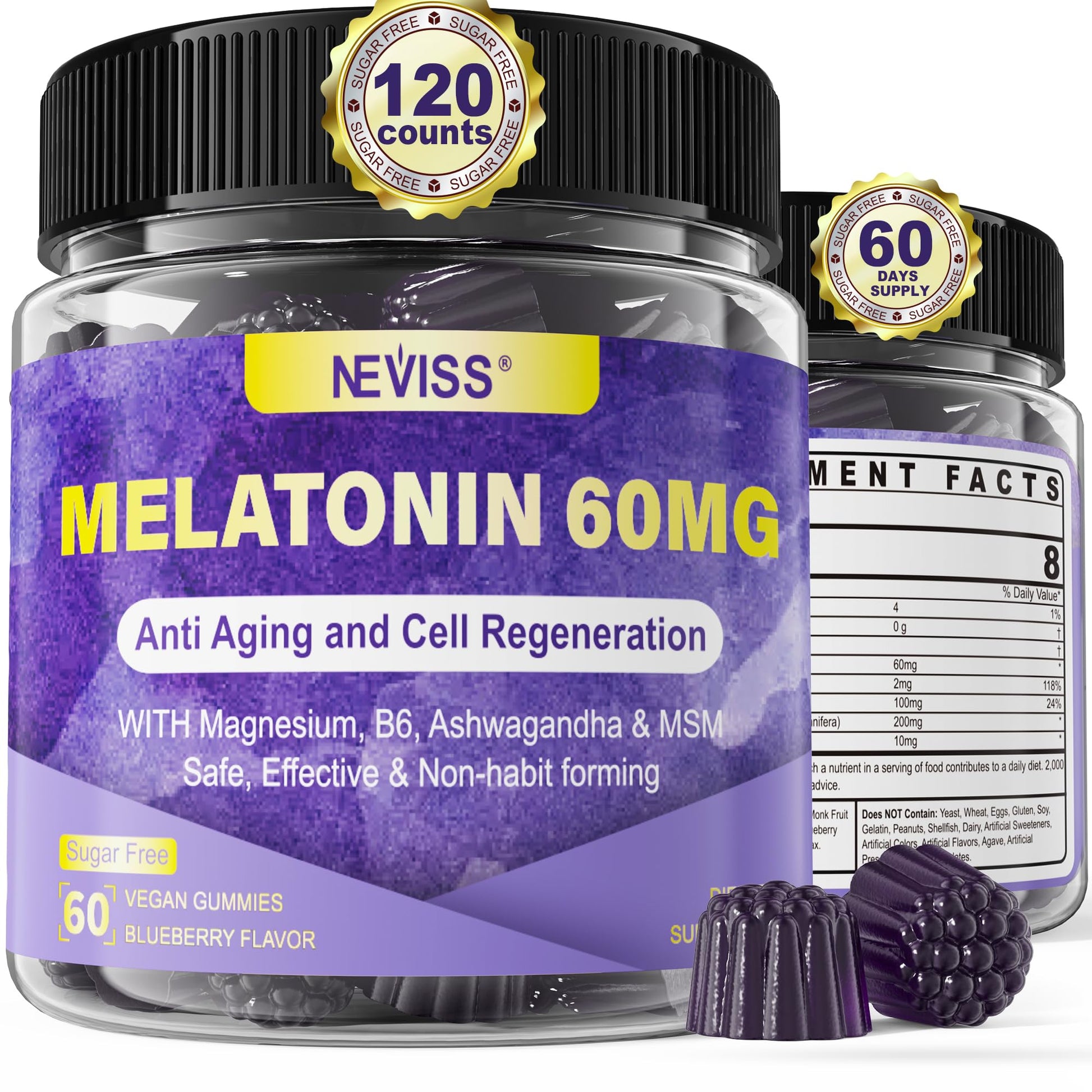 Antioxidant & Brain Support Melatonin 60mg 30mg for 50+ Adults | High Dose Melatonin for Anti-Aging & Immune | Extra Strength Melatonin Gummies with B6, Ashwagandha, Magnesium, MSM - 60 Gummies - PrimeBioHealth - canada supplements