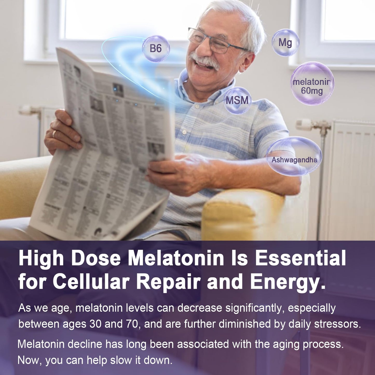 Antioxidant & Brain Support Melatonin 60mg 30mg for 50+ Adults | High Dose Melatonin for Anti-Aging & Immune | Extra Strength Melatonin Gummies with B6, Ashwagandha, Magnesium, MSM - 60 Gummies - PrimeBioHealth - canada supplements