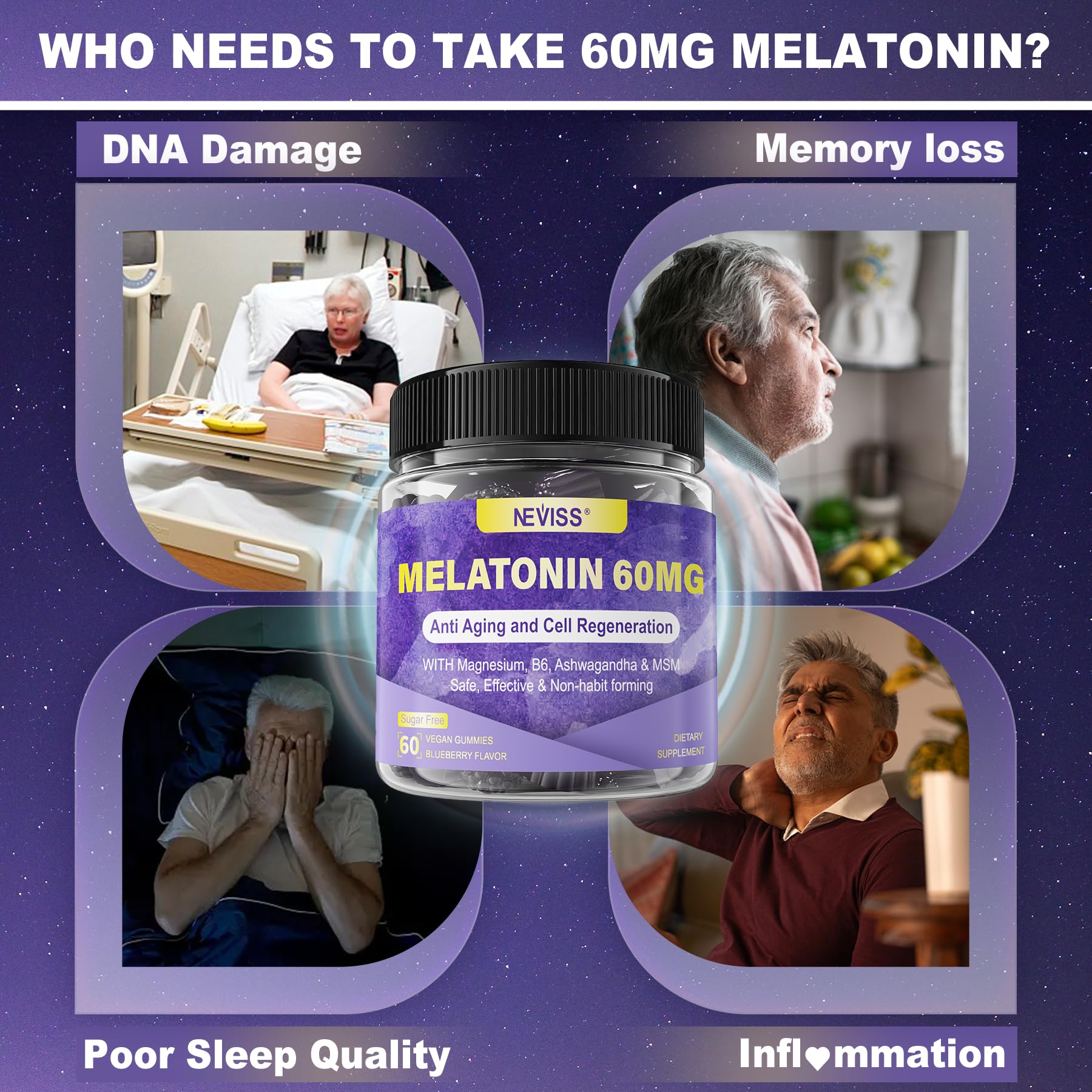 Antioxidant & Brain Support Melatonin 60mg 30mg for 50+ Adults | High Dose Melatonin for Anti-Aging & Immune | Extra Strength Melatonin Gummies with B6, Ashwagandha, Magnesium, MSM - 60 Gummies - PrimeBioHealth - canada supplements