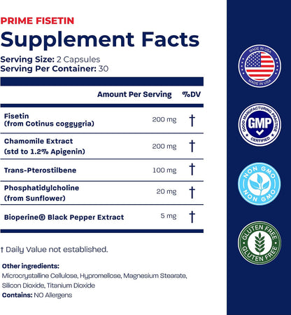 BONE SCIENCE Prime Fisetin 98% Plant-Based Flavonoid Supplement with Chamomile Extract, Trans-Pterostilbene, Phosphatidylcholine, and BioPerine - PrimeBioHealth - canada supplements