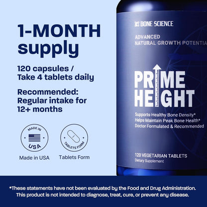 BONE SCIENCE Primeheight Bone & Growth Support with Calcium, Vitamin D3, K2, Magnesium, Zinc - Nutrient-Based Vegan Immune Formula, Non-GMO, 120 Tablets - PrimeBioHealth - canada supplements
