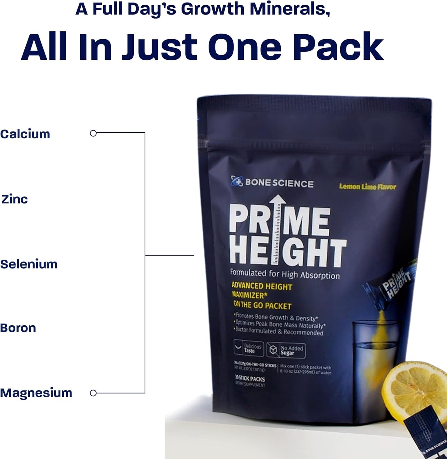 BONE SCIENCE PrimeHeight Multivitamin Powder for Kids & Teens, Bone & Immune Support, Sugar-Free Lemon Lime Flavor, 16 Key Nutrients, Easy Drink Mix, 30 Sticks - PrimeBioHealth - canada supplements