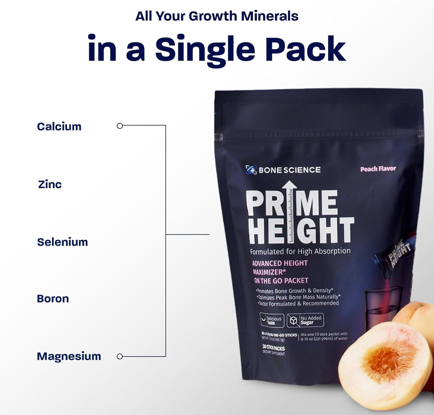BONE SCIENCE Primeheight Multivitamin Powder for Kids & Teens, Bone & Immune Support, Sugar-Free Peach Flavor, 16 Key Nutrients, Easy Drink Mix, 30 Sticks - PrimeBioHealth - canada supplements