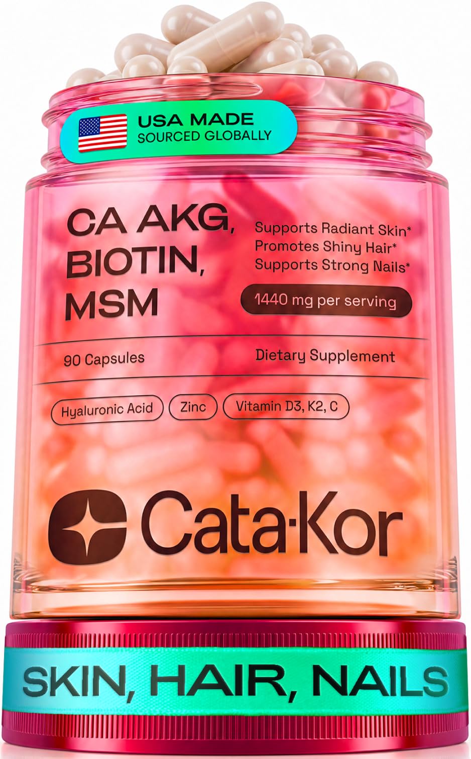 Cata-Kor Hair Skin and Nails Vitamins for Women – Biotin Collagen Hair Supplement | Hyaluronic Acid | Calcium AKG | MSM | Vitamin D3 K2 & C – Hair Growth Vitamins – 30 Day Supply (1 Pack) - PrimeBioHealth - canada supplements