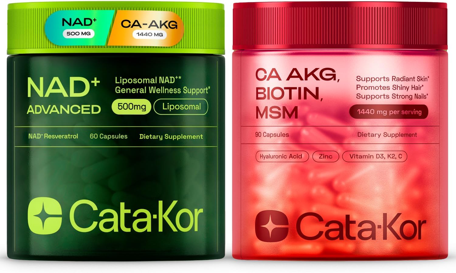 Cata-Kor NAD+ Supplement & Ca-AKG Complex - Liposomal NAD+ Supplement with Resveratrol (60 Capsules) & Ca-AKG, MSM, Hyaluronic Acid & Biotin Beauty Complex (90 Capsules) - PrimeBioHealth - canada supplements