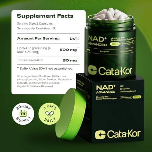 Cata-Kor NAD+ Supplement & Ca-AKG Complex - Liposomal NAD+ Supplement with Resveratrol (60 Capsules) & Ca-AKG, MSM, Hyaluronic Acid & Biotin Beauty Complex (90 Capsules) - PrimeBioHealth - canada supplements