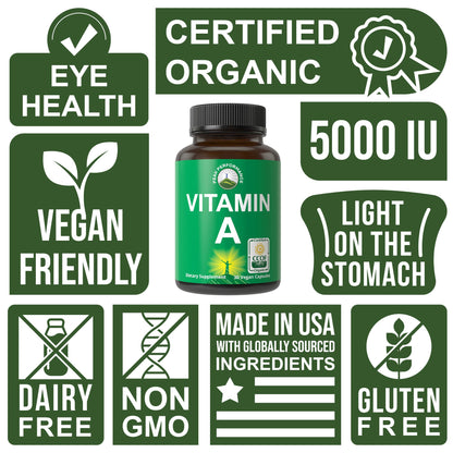 Certified Organic Vitamin A 5000 IU Supplement Capsules - High Potency Vitamins - for Adults, Men, Women, Kids - Made with Carrot Juice - Great for Immune, Skin, Eye Support - Non GMO, Vegan Pills - PrimeBioHealth - canada supplements