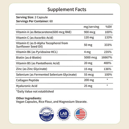 Collagen Peptides & Hyaluronic Acid Supplement with Vitamins A, C, E, B6, Biotin, Zinc & Selenium – Skin Hydration, Hair Growth & Nail Strength Complex for Women & Men - PrimeBioHealth - canada supplements